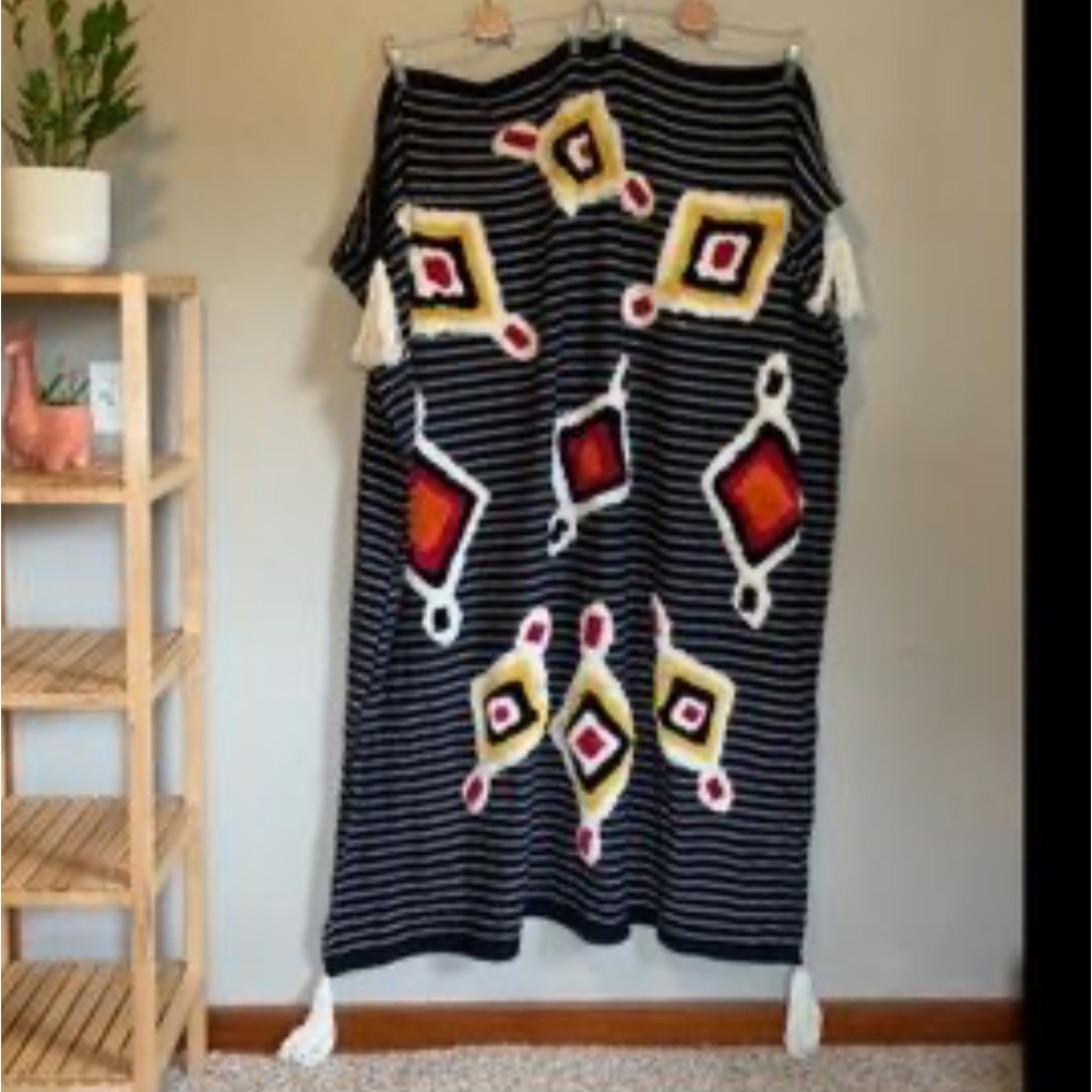 Aman Black & White Striped Boho Blanket throw with decorative large Tassels